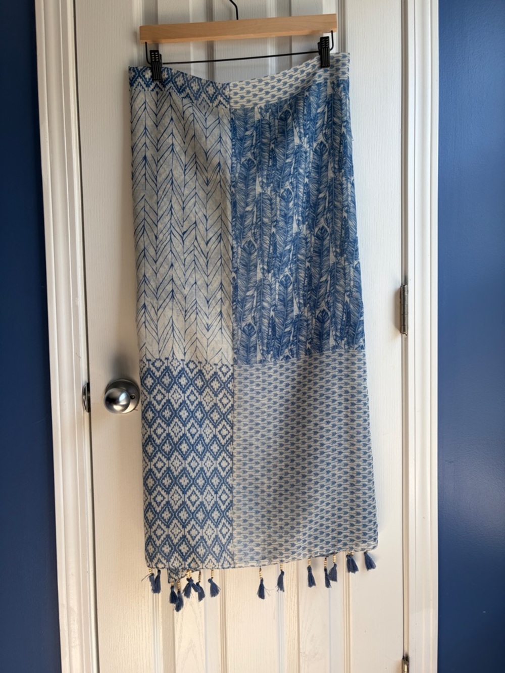 Geometric Beaded Tassel Scarf Wrap Lightweight Boho Shawl Coastal Beach 34” x 72